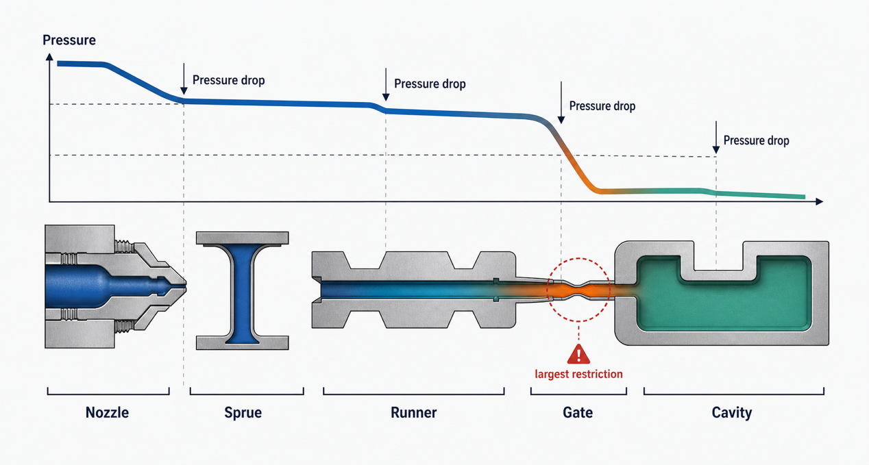 Pressure drop from nozzle through sprue, runner, gate, and cavity