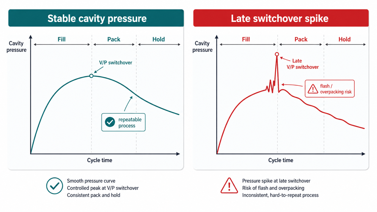 Stable cavity pressure compared with a late V/P switchover spike