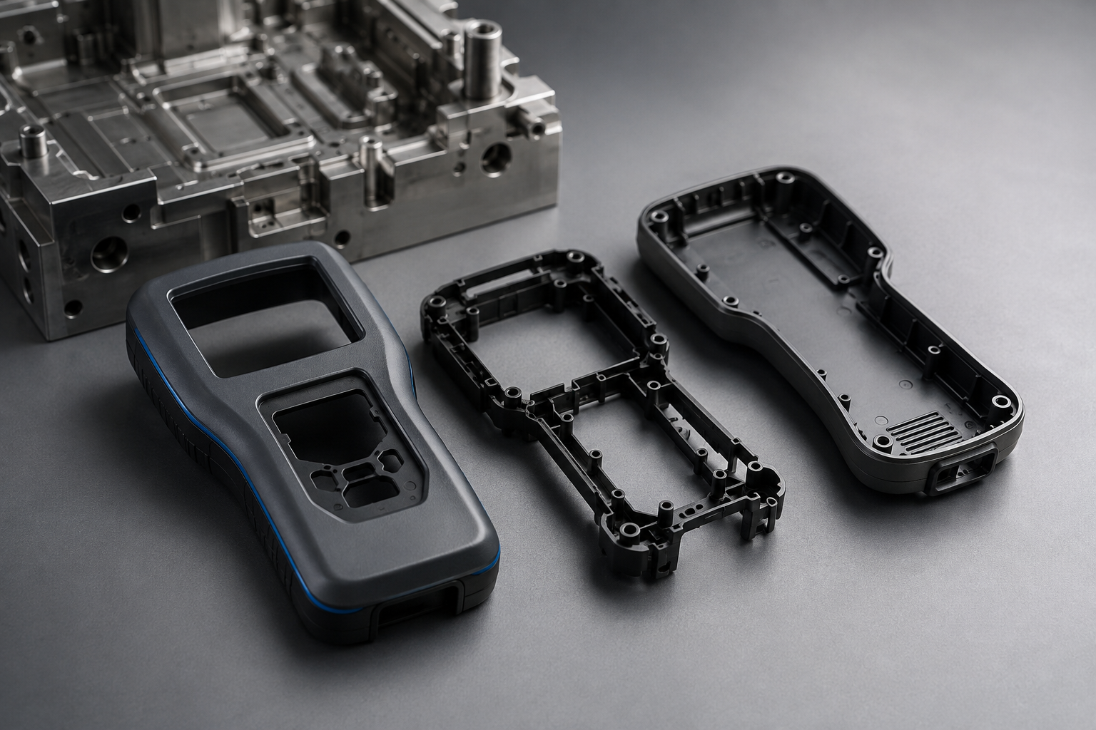 Injection molded handheld electronics device enclosure