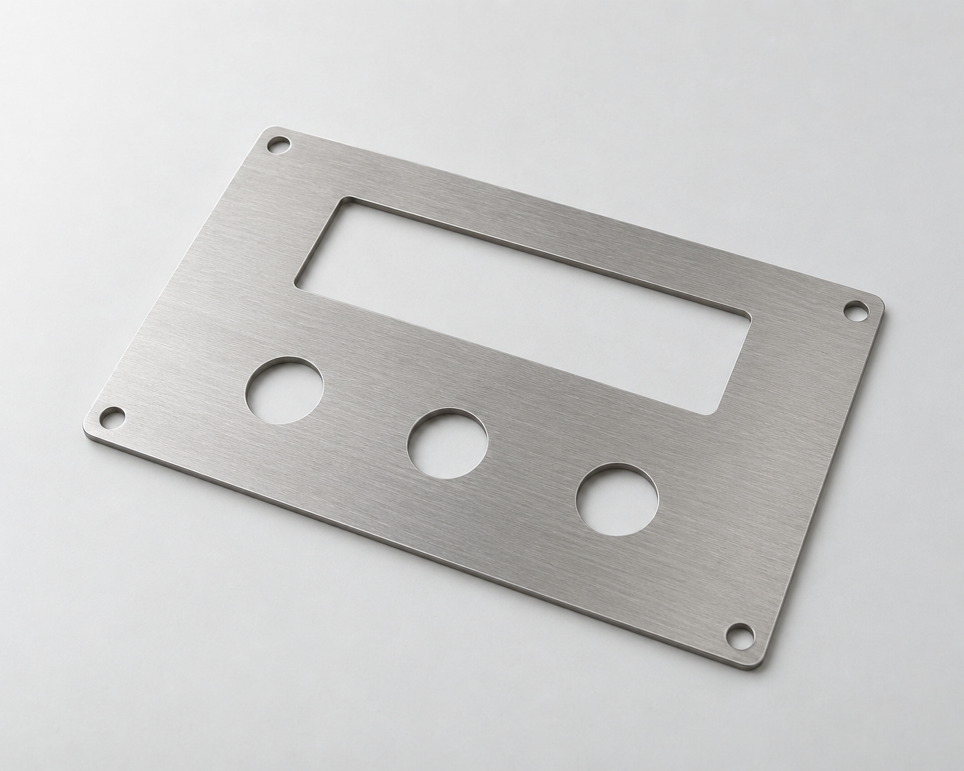 Flat metal control panel with display openings and mounting holes