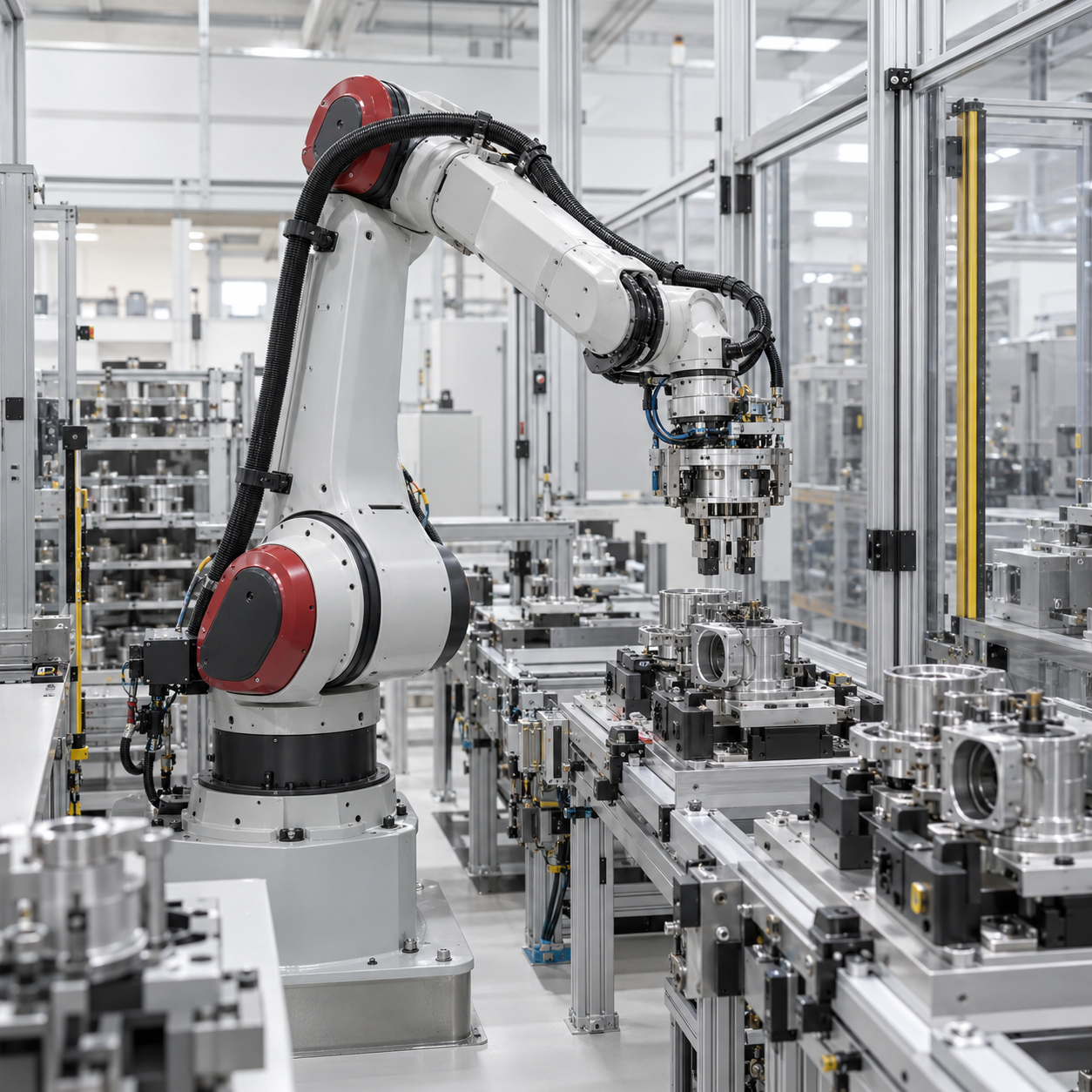 Industrial robotic arm operating in an automated manufacturing cell