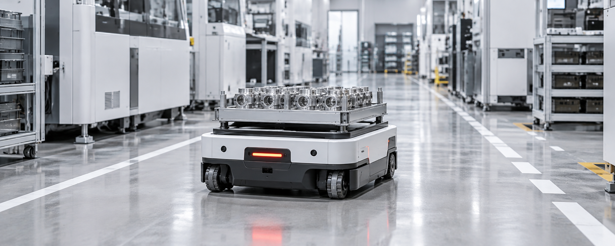 Autonomous mobile robot moving through a modern industrial facility