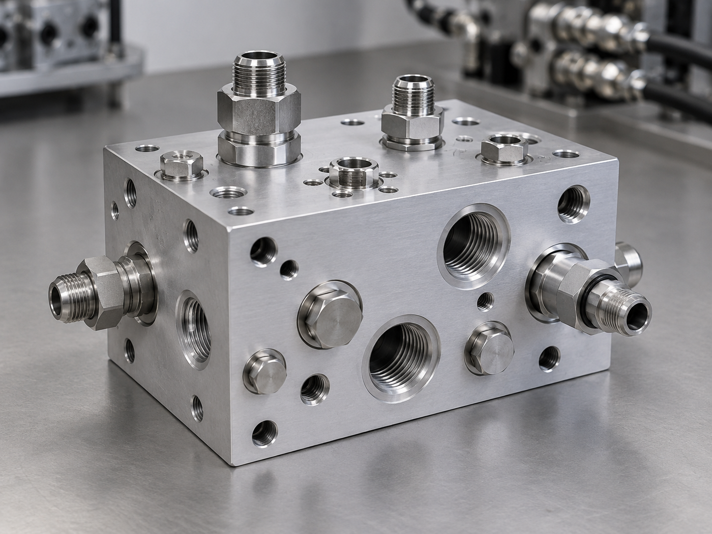CNC machined hydraulic manifold for agricultural equipment