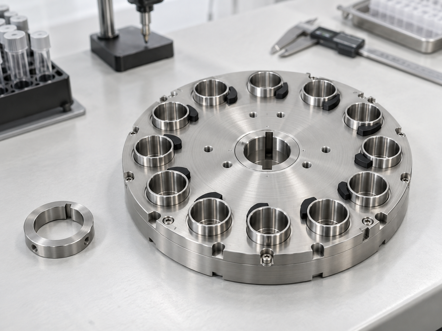 CNC-machined stainless steel diagnostic sample carousel