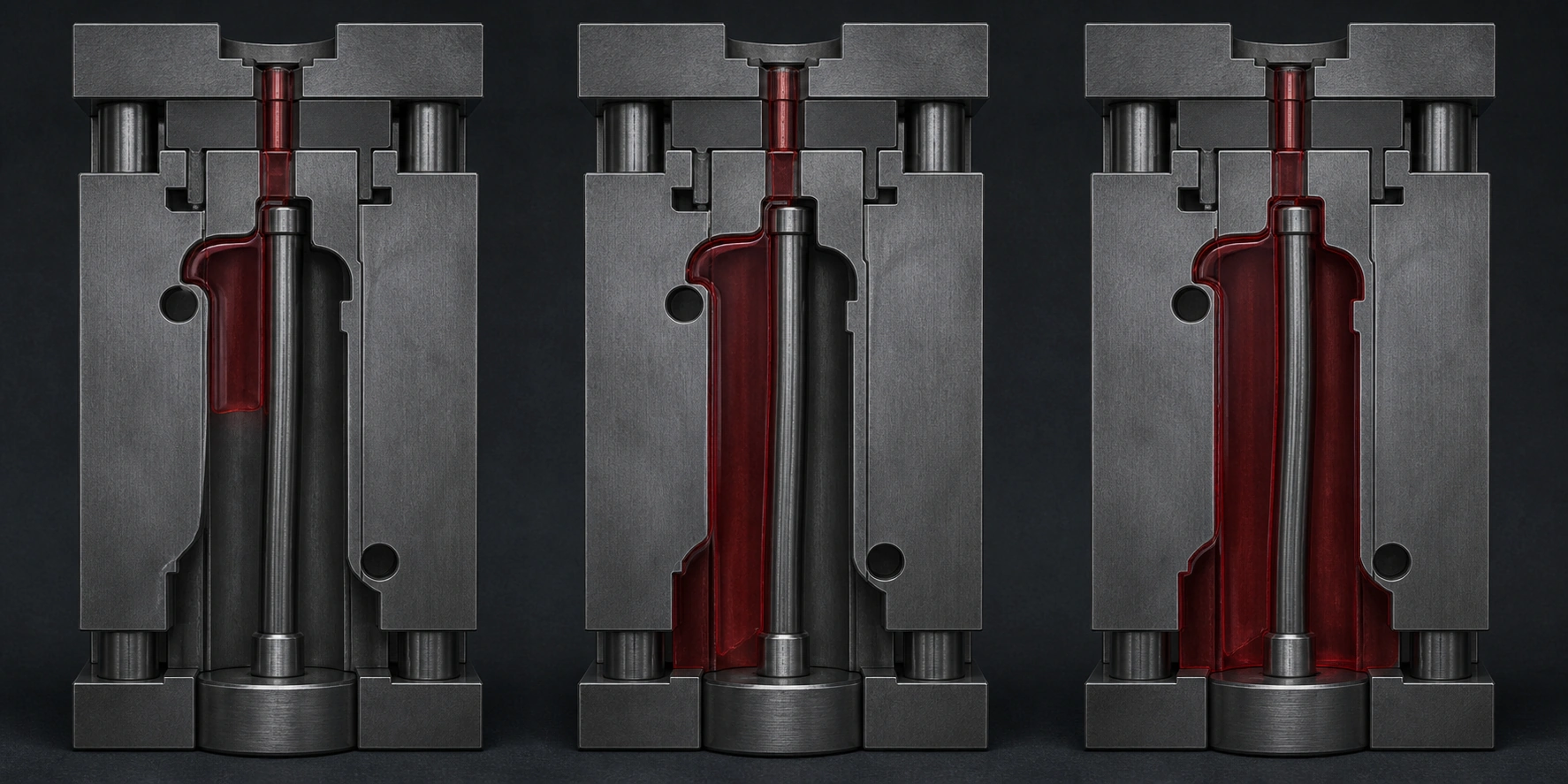 Short-shot sequence showing asymmetric melt loading and progressive core deflection