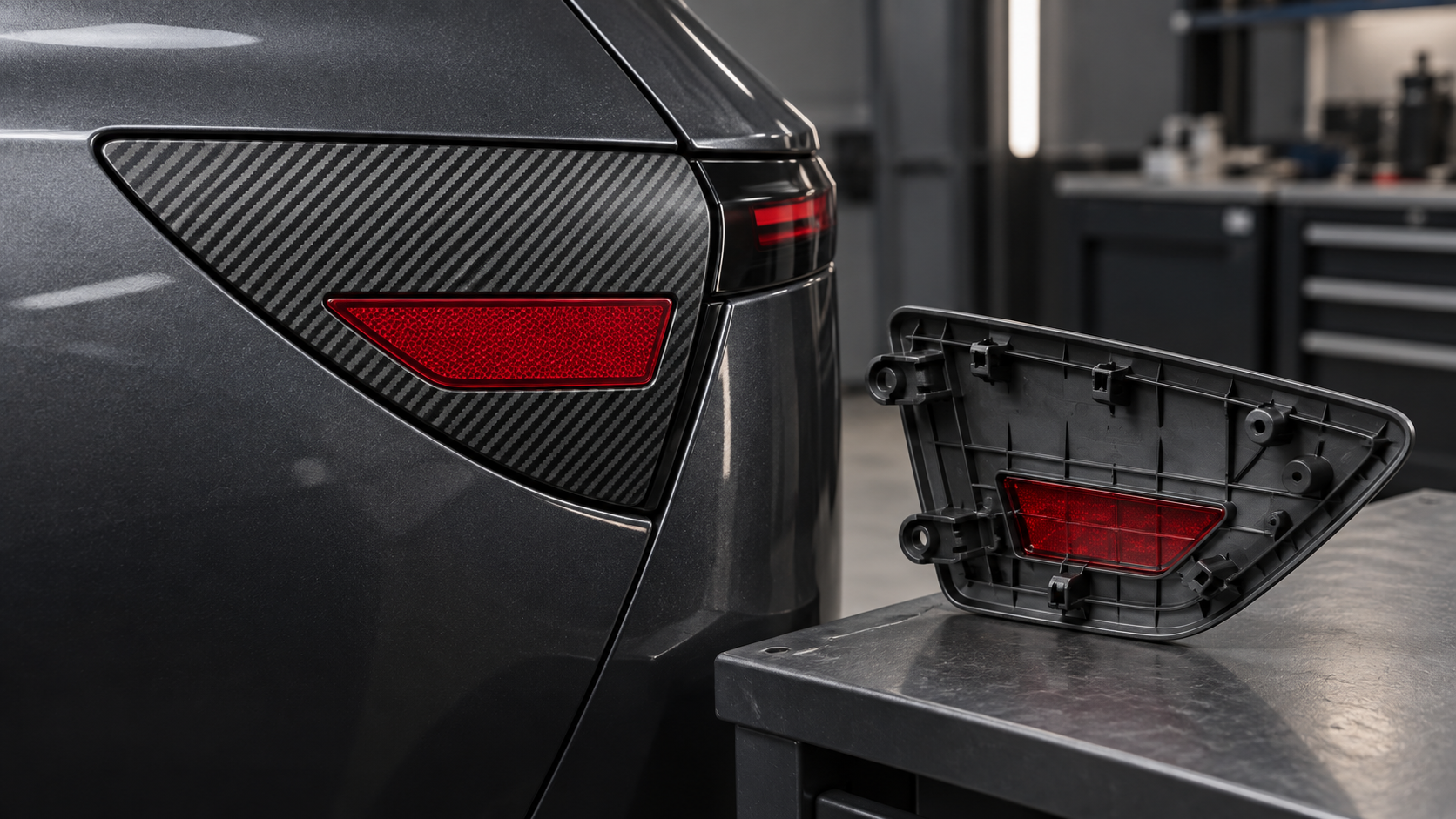 Carbon-fiber-look injection molded EV charge-port door with integrated red reflector and rear mounting structure