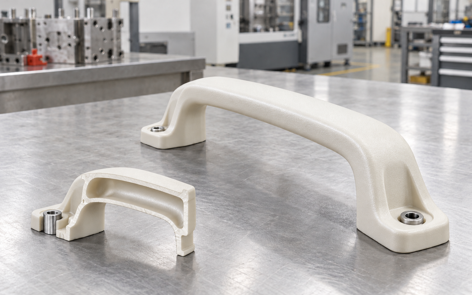 White gas-assisted molded structural handle with hollow core cutaway