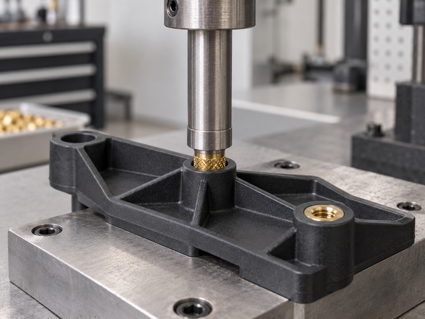 Heated installation tip pressing a brass threaded insert into a molded plastic mounting boss