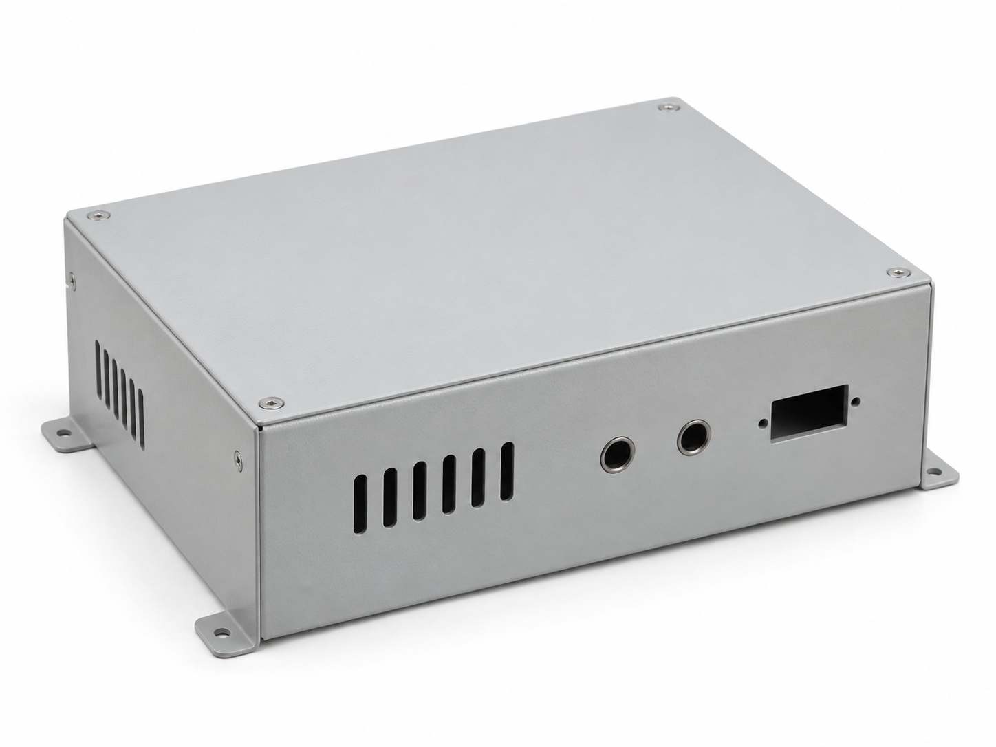 Custom sheet metal industrial control enclosure with ventilation slots and mounting feet