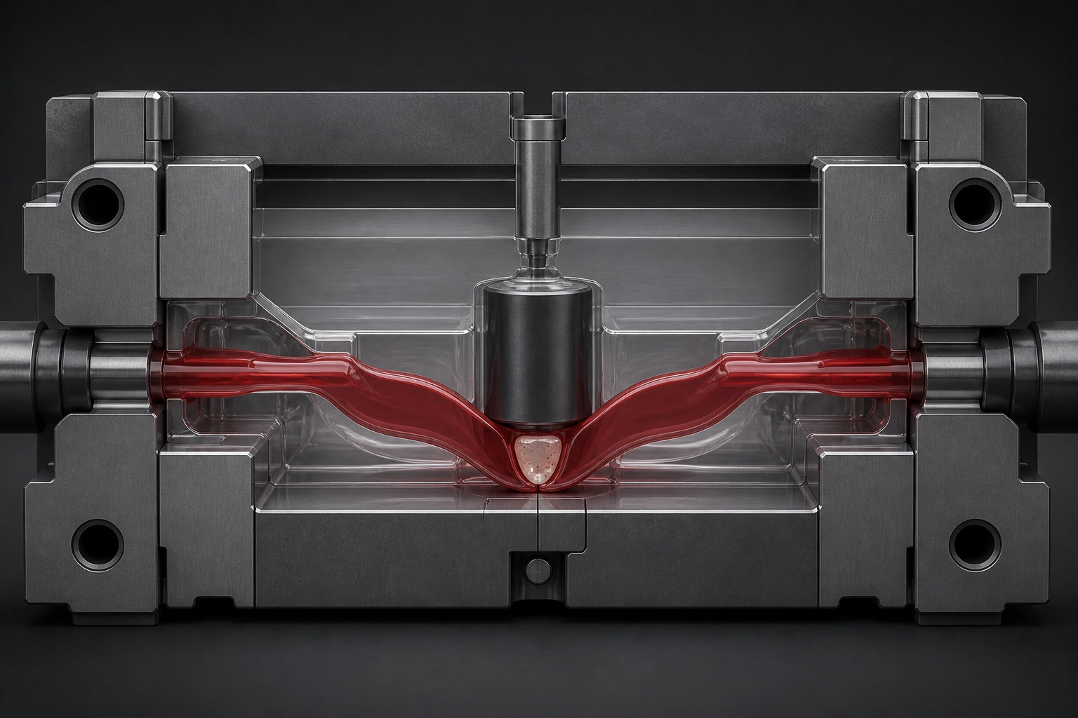 Cutaway of converging polymer flow fronts trapping gas at a mold cavity's last-to-fill region