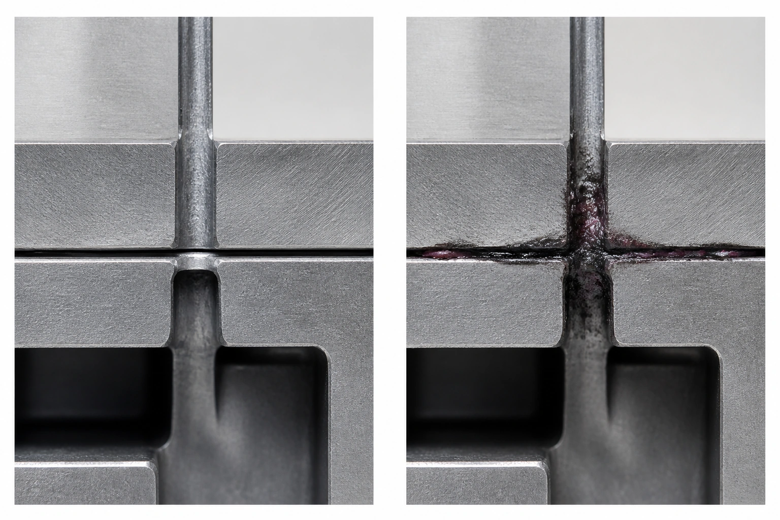 Side-by-side clean and residue-blocked injection mold vent grooves