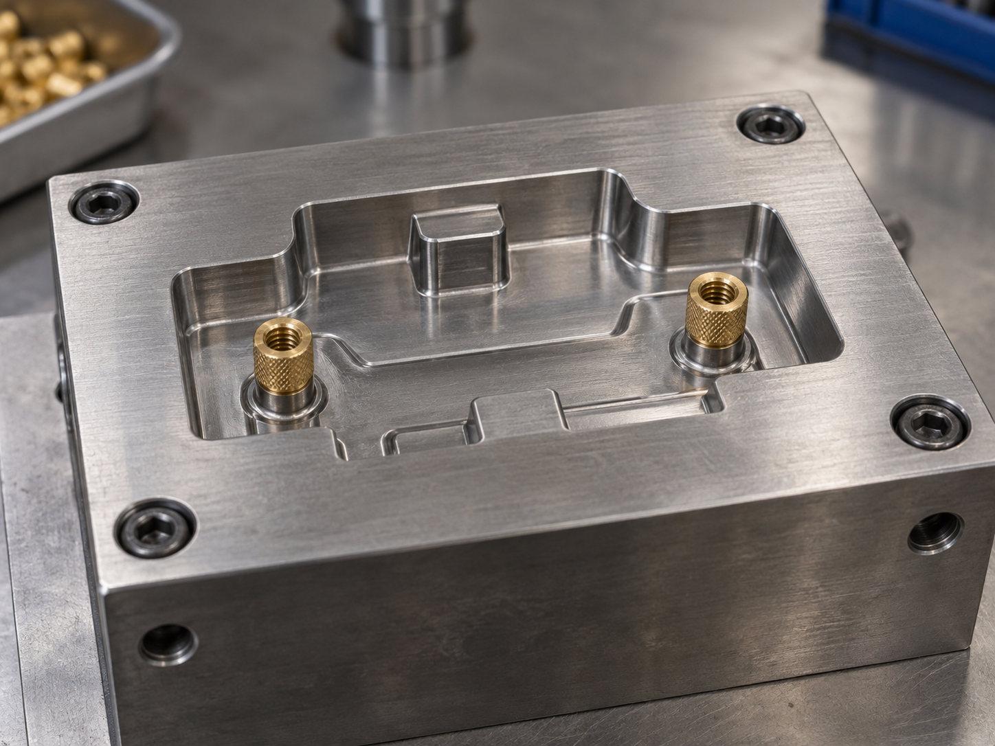 Brass threaded inserts positioned in an injection mold cavity before molding