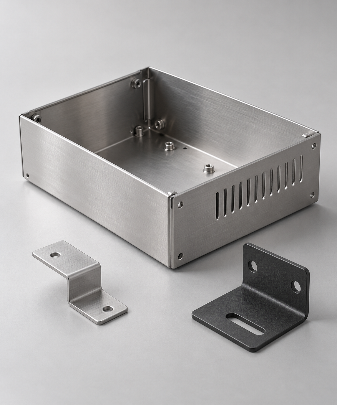 Formed sheet metal enclosure and finished mounting brackets