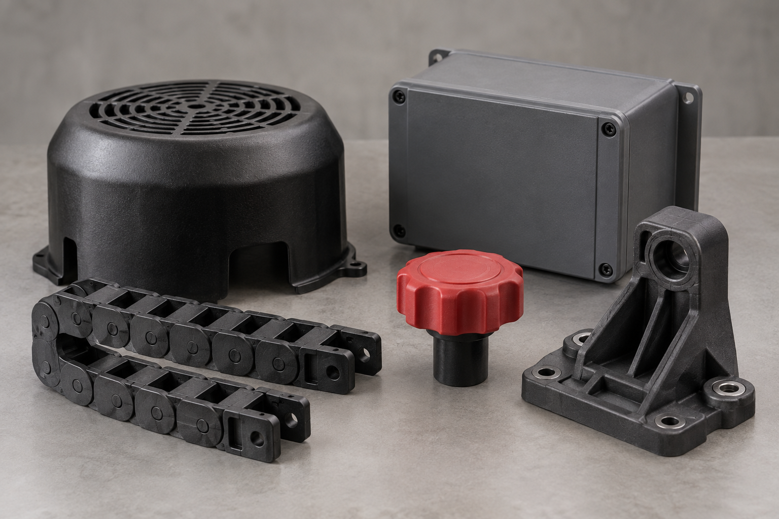 Injection molded components for industrial machinery