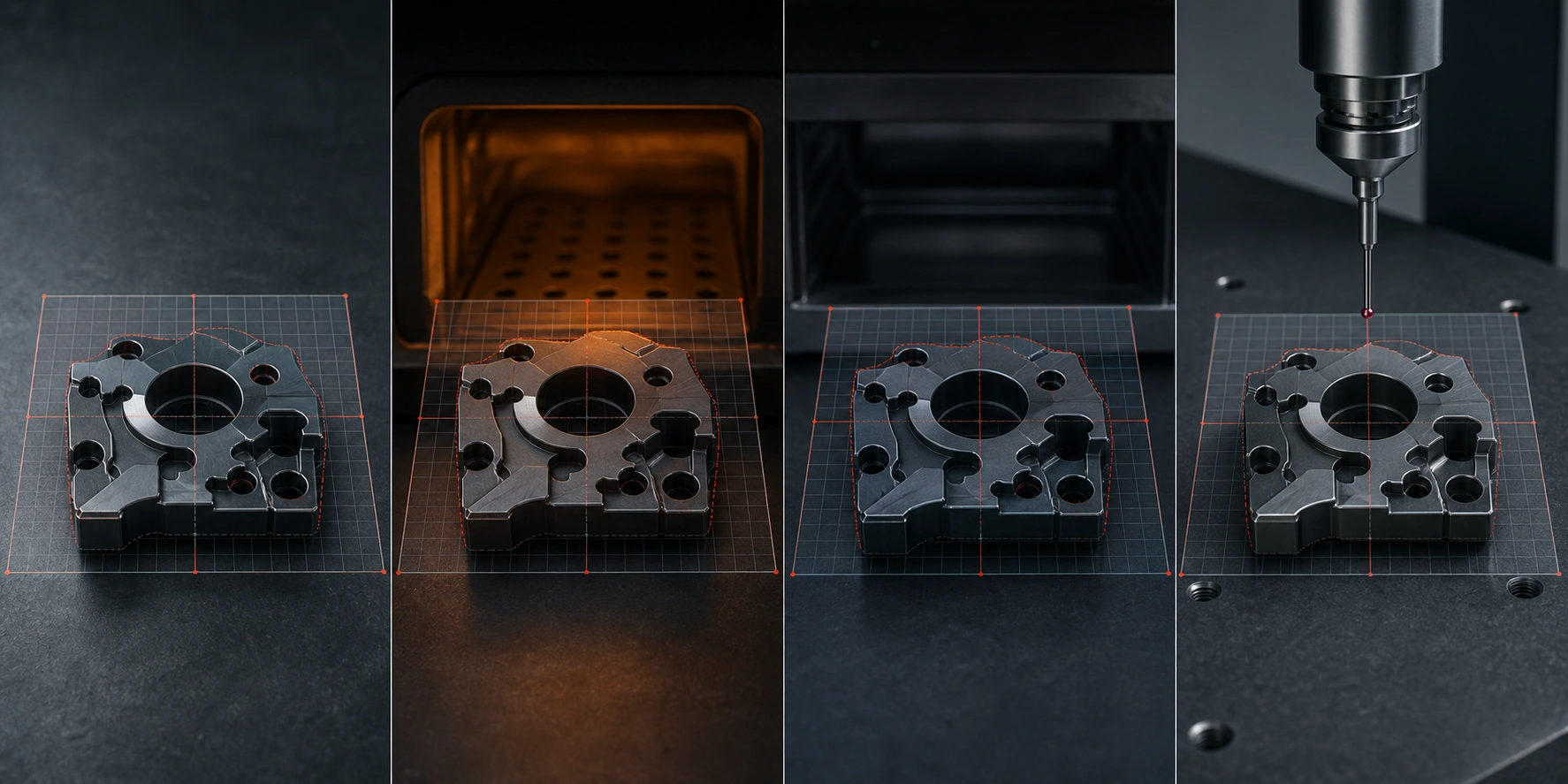 Precision mold insert tracked through stress relief, hardening, and post-treatment measurement