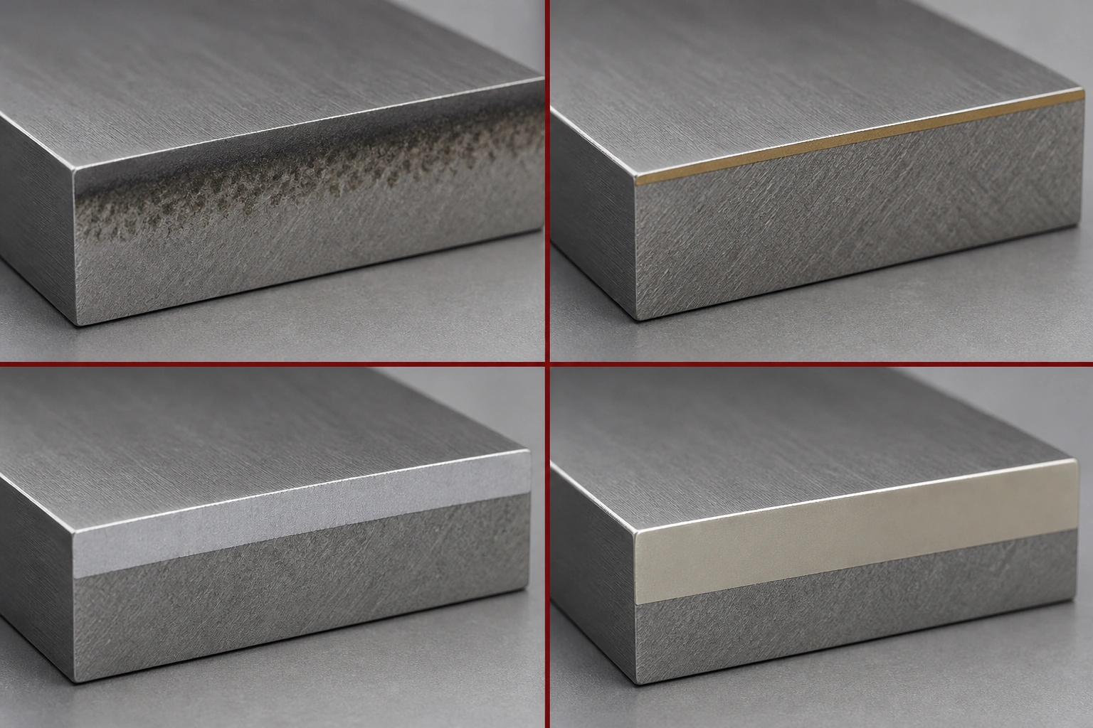 Unlabeled cross-section comparison of four mold-steel surface treatment layer types