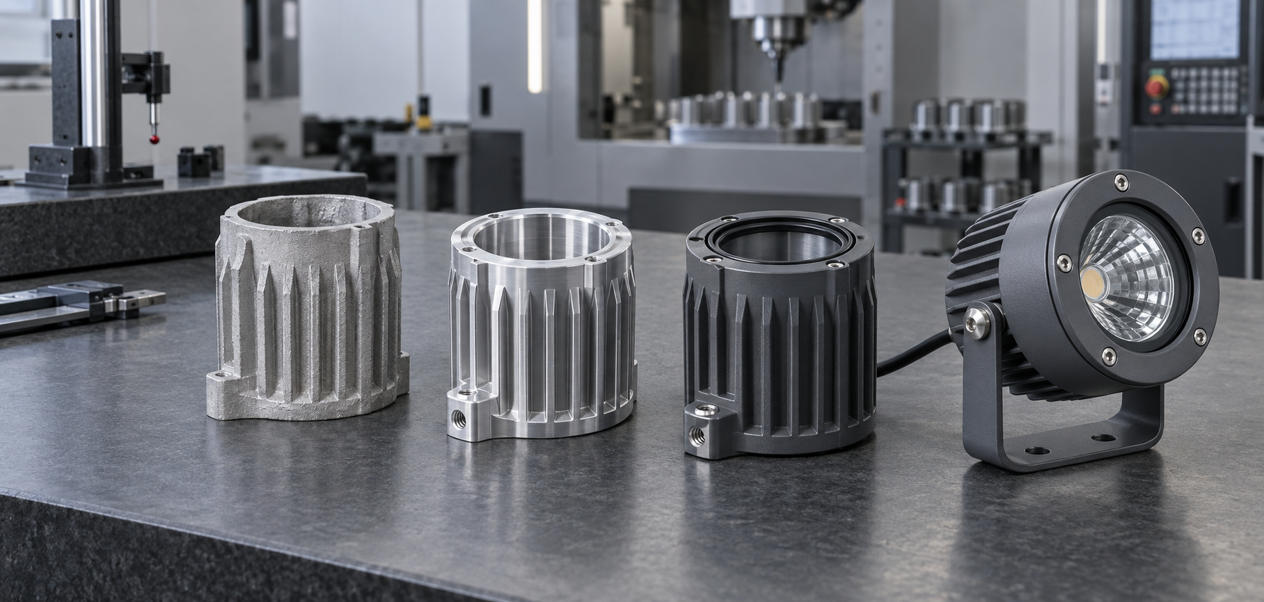 Outdoor lighting housing components manufactured through rapid tooling, die casting and CNC machining