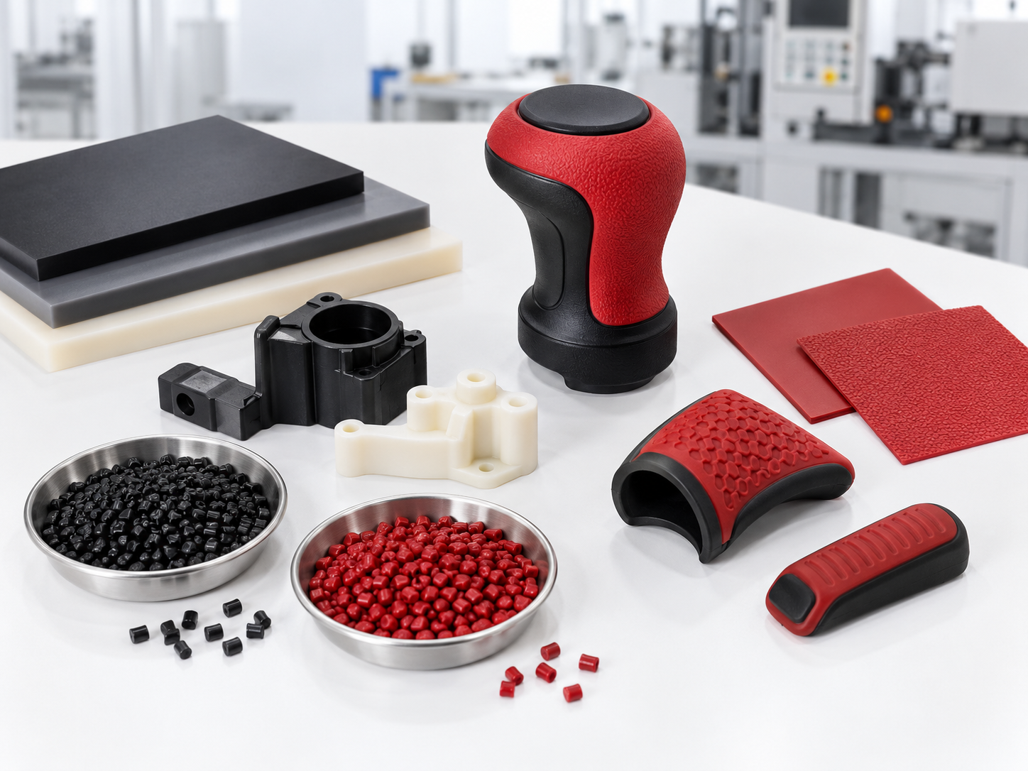 Rigid plastic substrates and soft elastomer materials used for overmolding