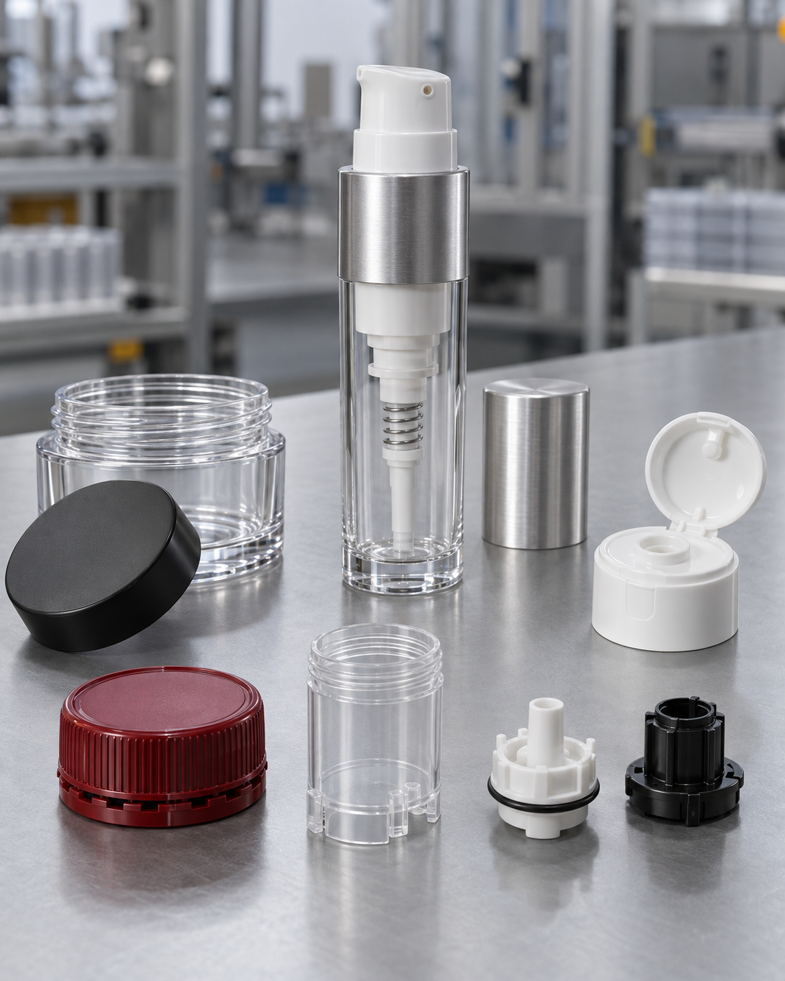 Custom manufactured packaging components including closures, dispensers and containers