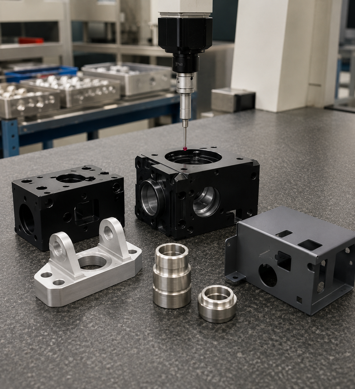 Finished custom parts undergoing secondary processing and quality inspection