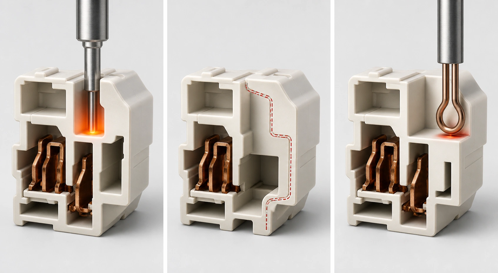 PBT connector geometry illustrating thickness-specific flame, creepage, and glow-wire test concepts