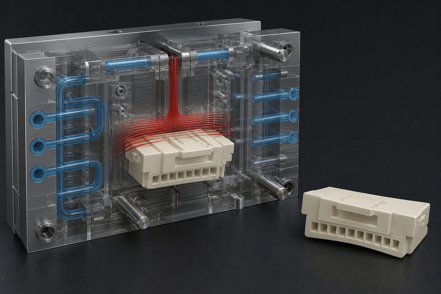 Cutaway PBT connector mold showing flow orientation, asymmetric cooling, and subtle released-part warpage