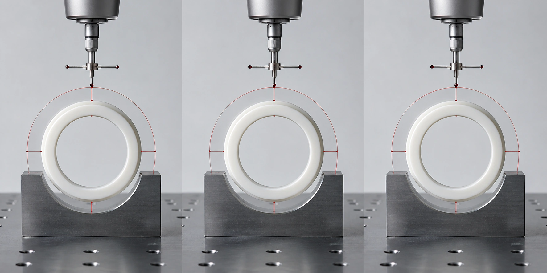 POM precision rings shown at mold, ejection, and conditioned dimensional states