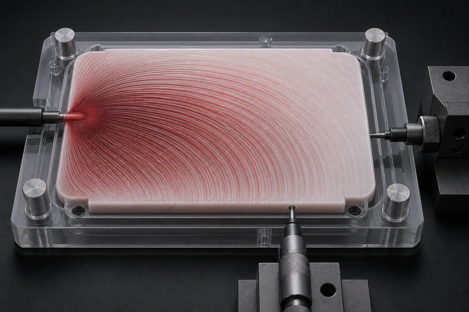 Edge-gated POM plaque showing flow layers and perpendicular dimensional checks