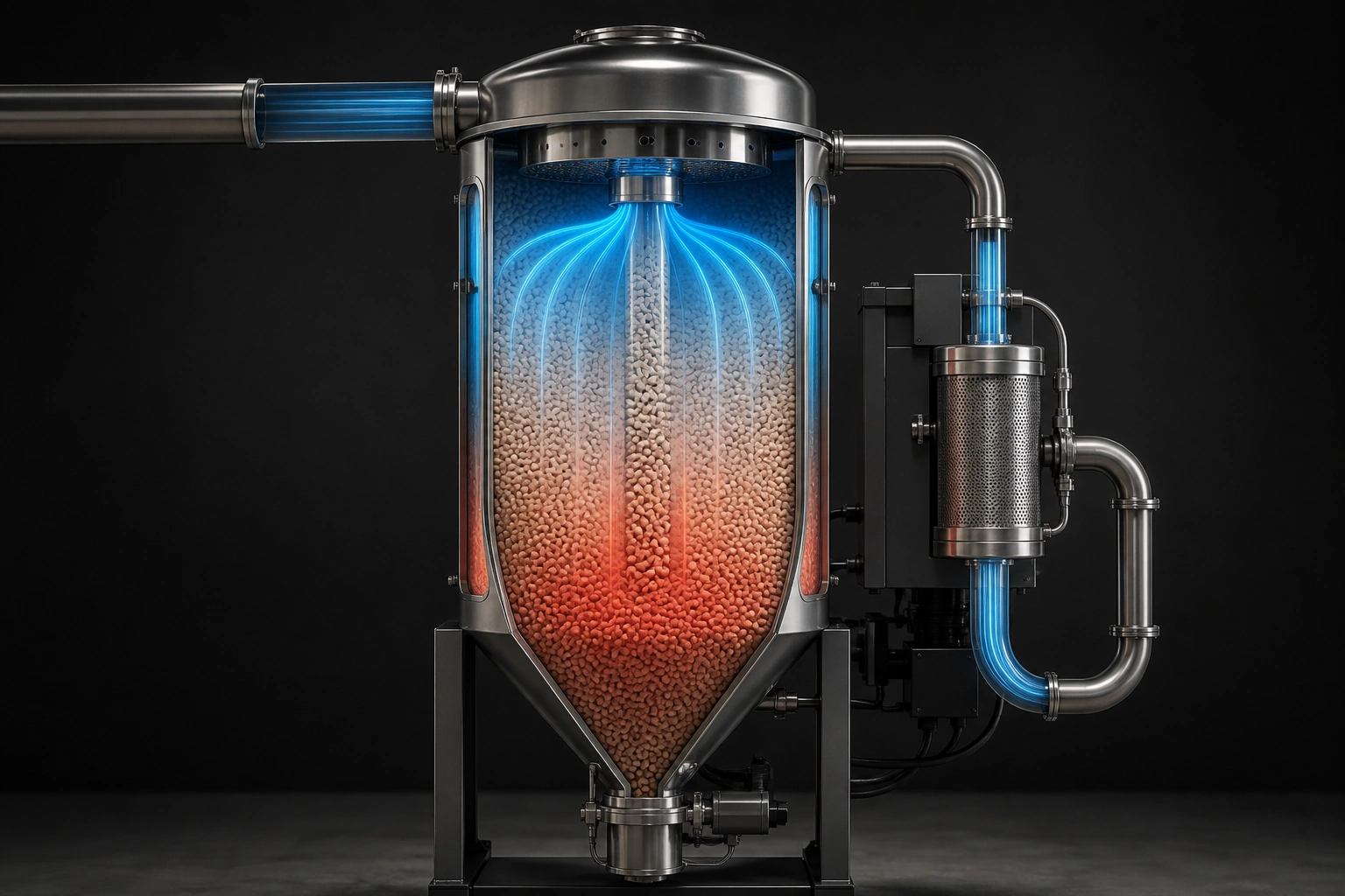 Cutaway drying hopper showing dry-air potential, pellet heat, residence, and airflow distribution