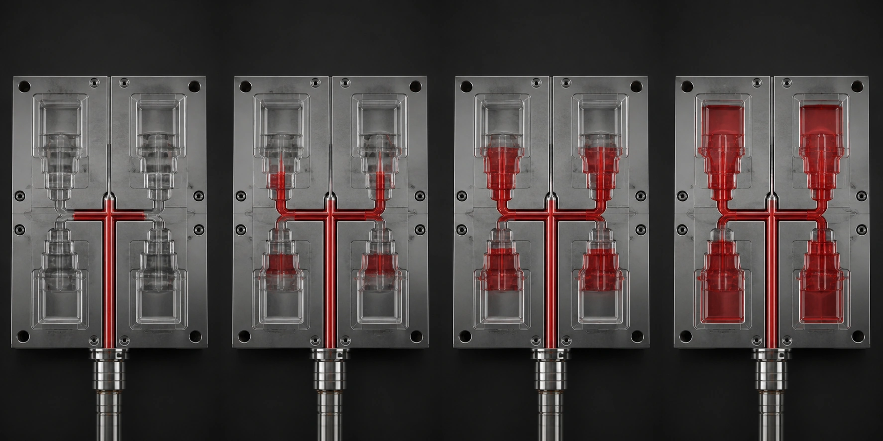 Four-stage short-shot sequence revealing unequal fill progression across four mold cavities