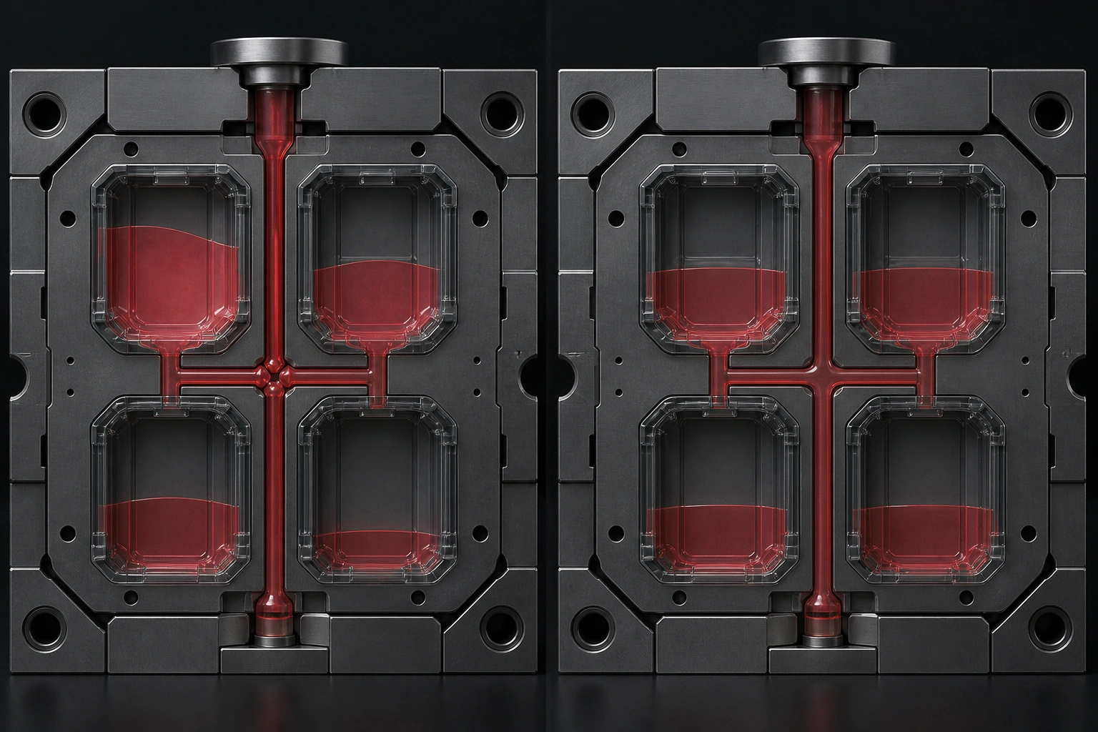 Comparison of an unbalanced runner and a localized runner correction in a four-cavity mold