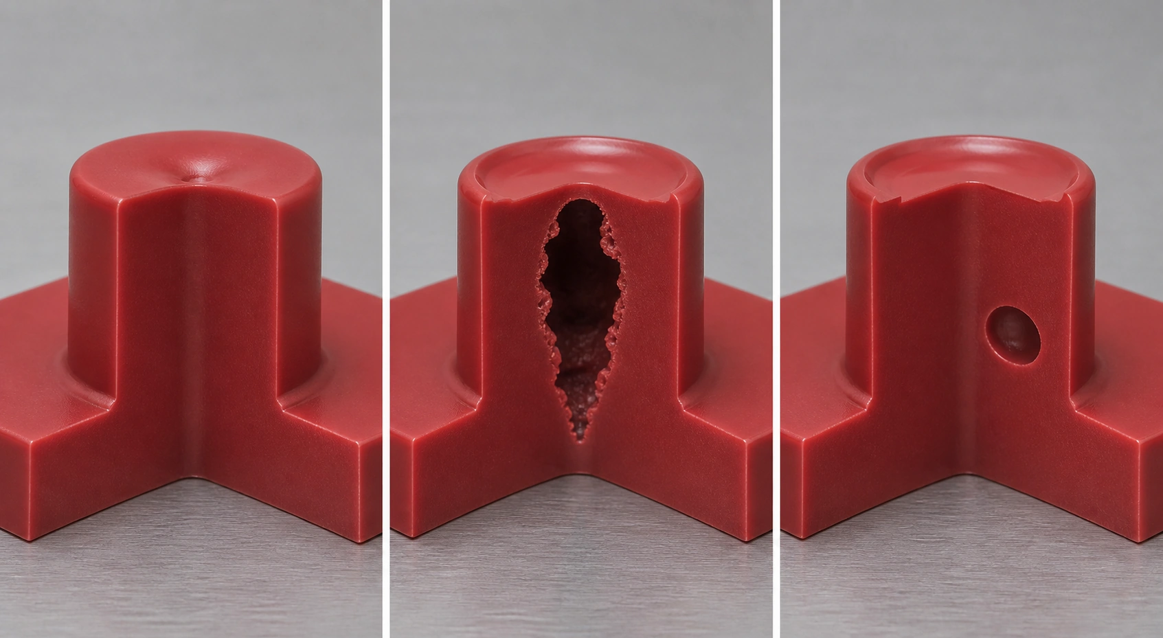 Comparison of a surface sink, an internal shrinkage void, and a rounded gas bubble