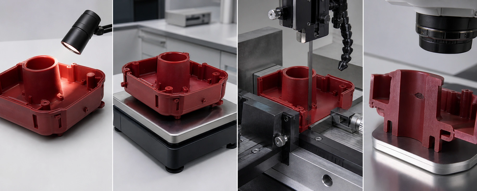 Section-first diagnostic sequence using raking light, weighing, sectioning, and cross-section inspection