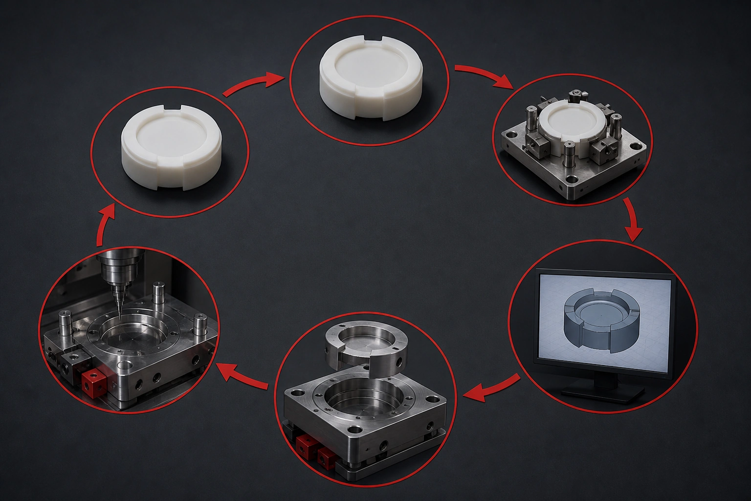 Controlled T1 correction loop linking a molded sample, measurement, CAD review, insert correction, and re-sampling