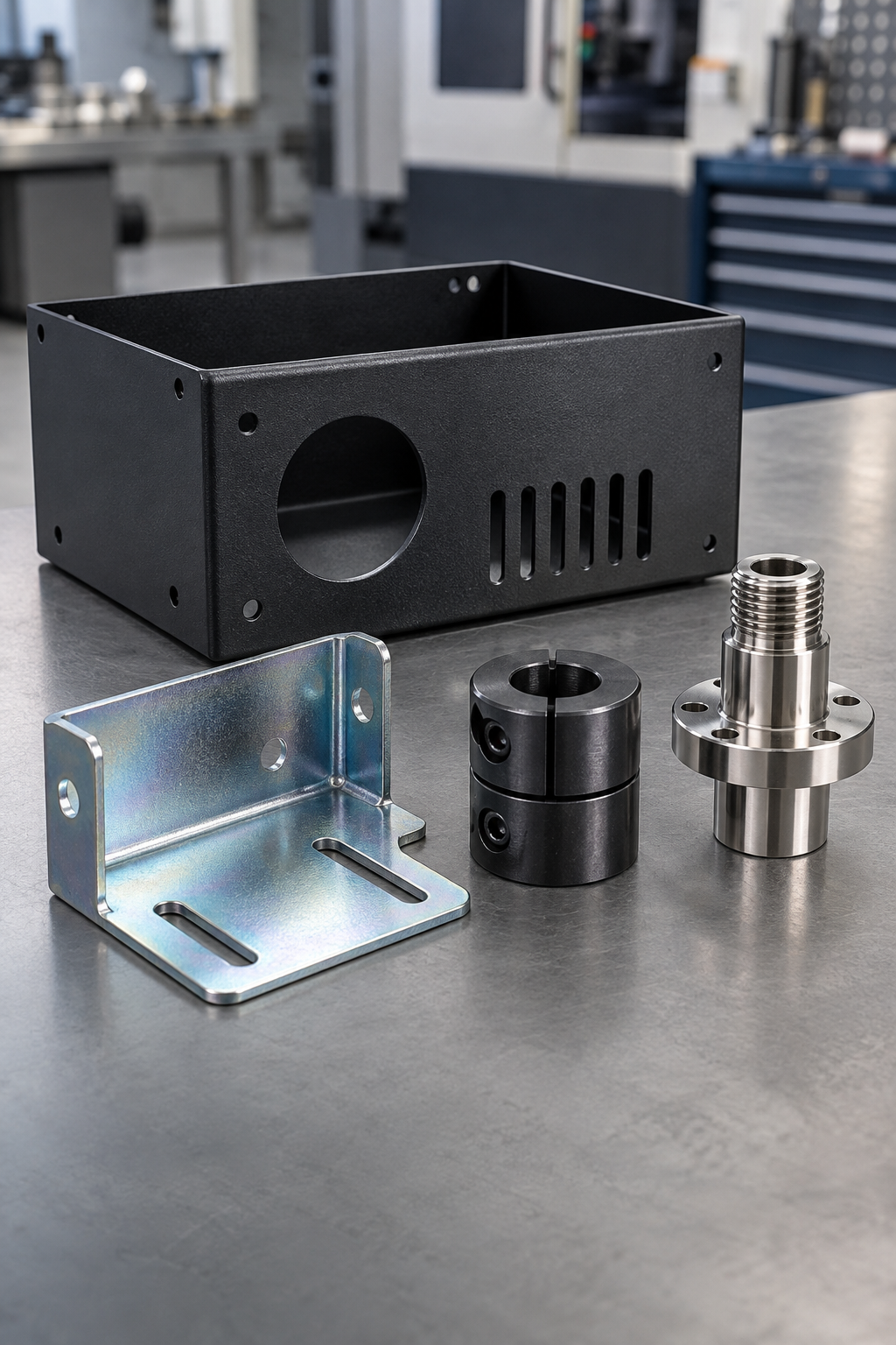 Steel components with powder-coated and plated finishes