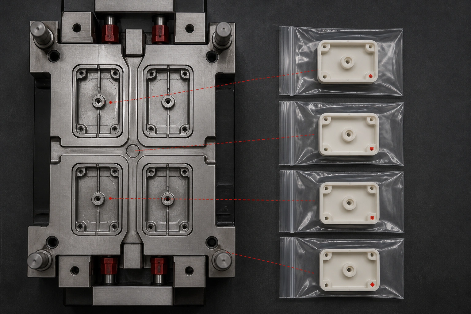 Cavity-level traceability linking four mold locations to four separately bagged T1 samples