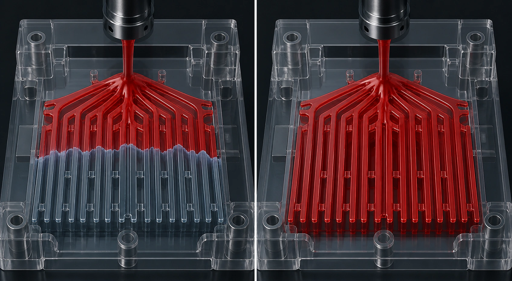Comparison of early flow-front freezing and controlled fast filling in the same thin rib network