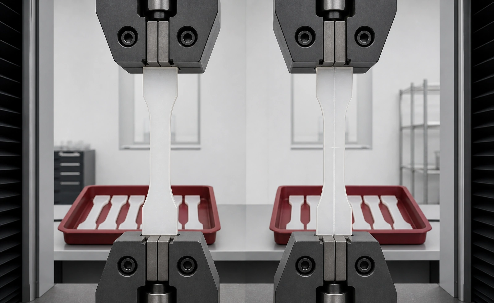 Paired control and weld-line tensile specimens mounted in identical test grips