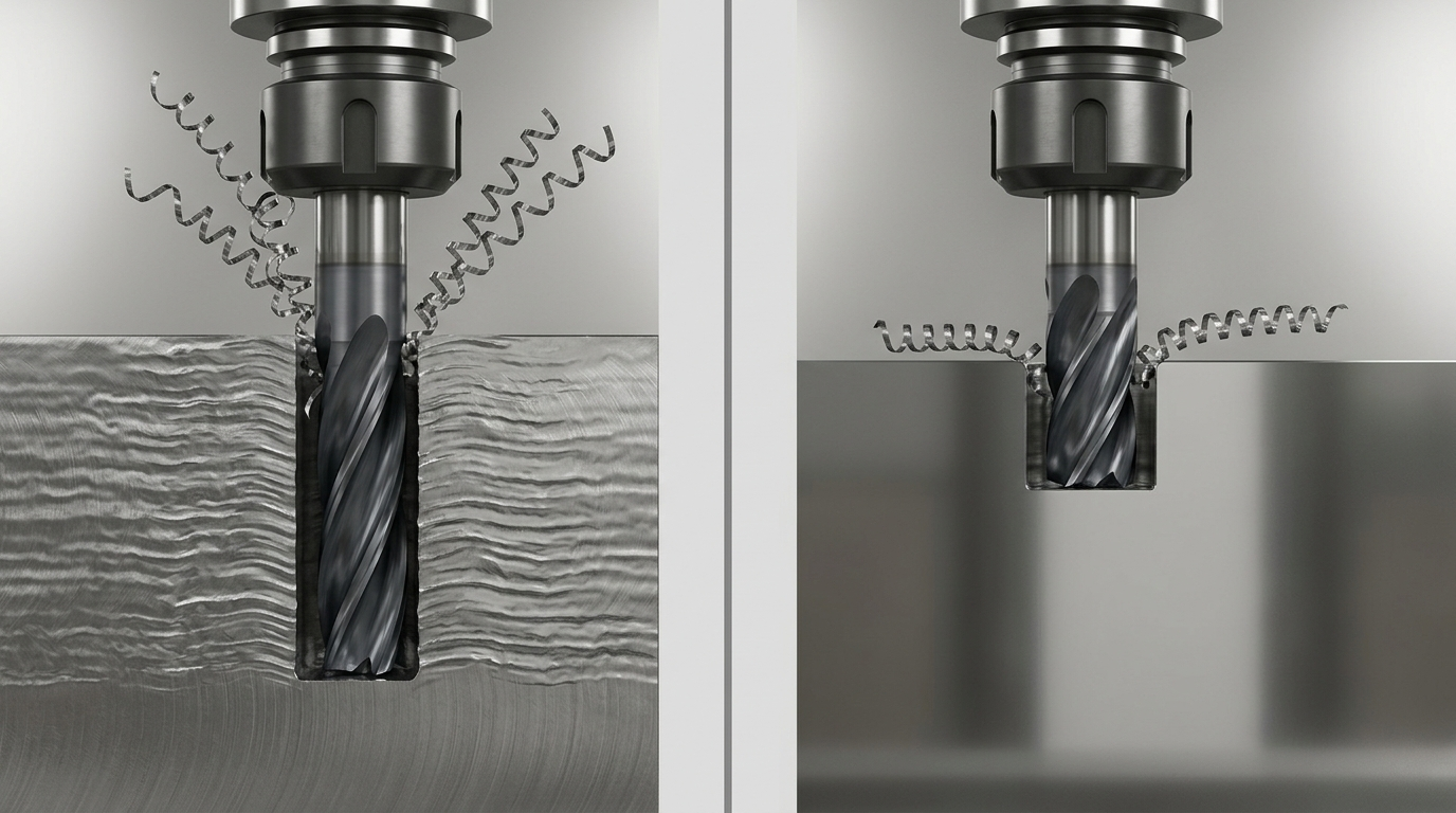 Comparison of chatter-marked deep engagement and smooth optimized engagement on a milled wall