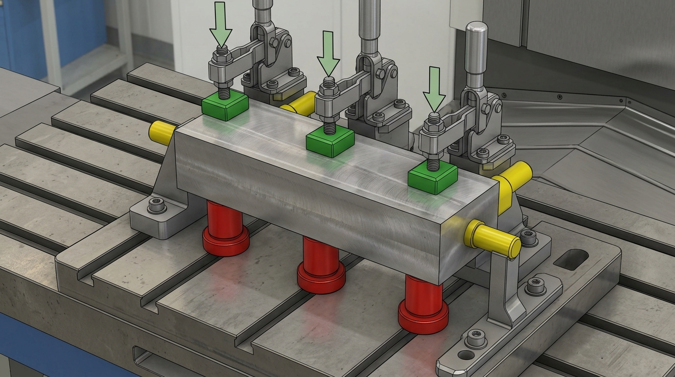 Three-two-one fixture layout with support pins, lateral locators, end stop, and clamps above the supports