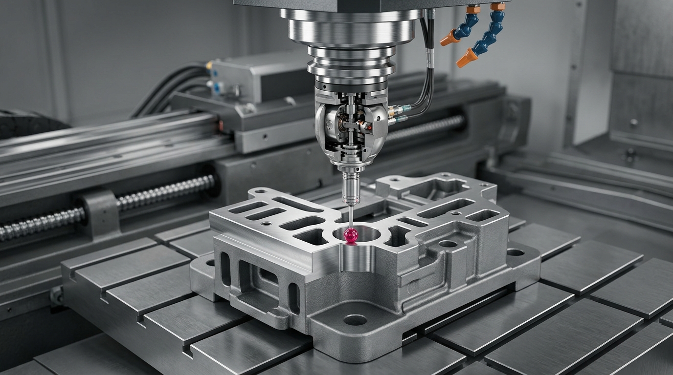 Ruby-tipped touch probe re-establishing a datum from a machined face and bore on a relocated workpiece