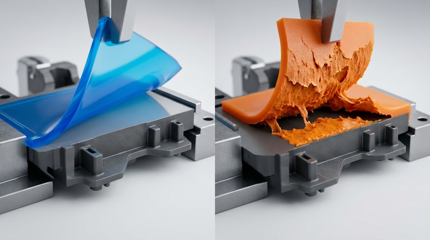 Cutaway comparison of clean adhesive separation and cohesive tearing within an overmolded elastomer